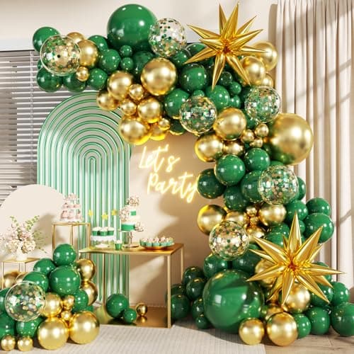 Green and Gold Balloon Garland Arch Kit 140Pcs Emerald Green Gold Confetti Balloons With Stars for Birthday Wedding Birdal Shower Christmas Graduation Party Decorations