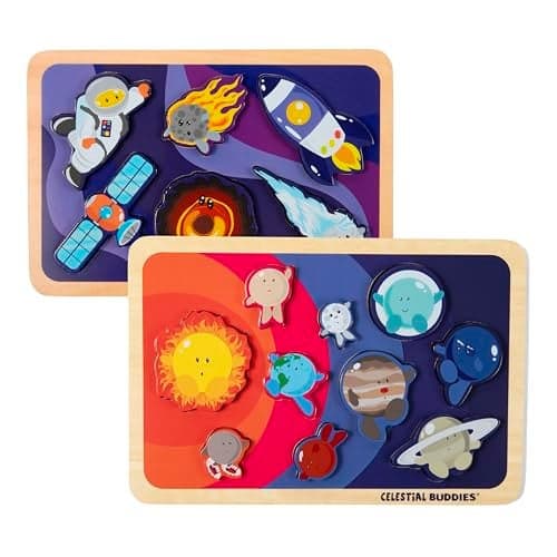 Celestial Buddies Chunky Wooden Toddler Puzzles 12x8 Inch Educational Space Puzzle for Early Science Astronomy Exploration STEM Learning 2Pack