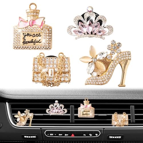 Rislobx 4PCS Bling Air Freshener Vent Clip Crystal Diamond High Heel Shoe Bag Crown Perfume Bottle Diffuser Vent Clip Cute Car Bling Accessories Decoration for Women Gold