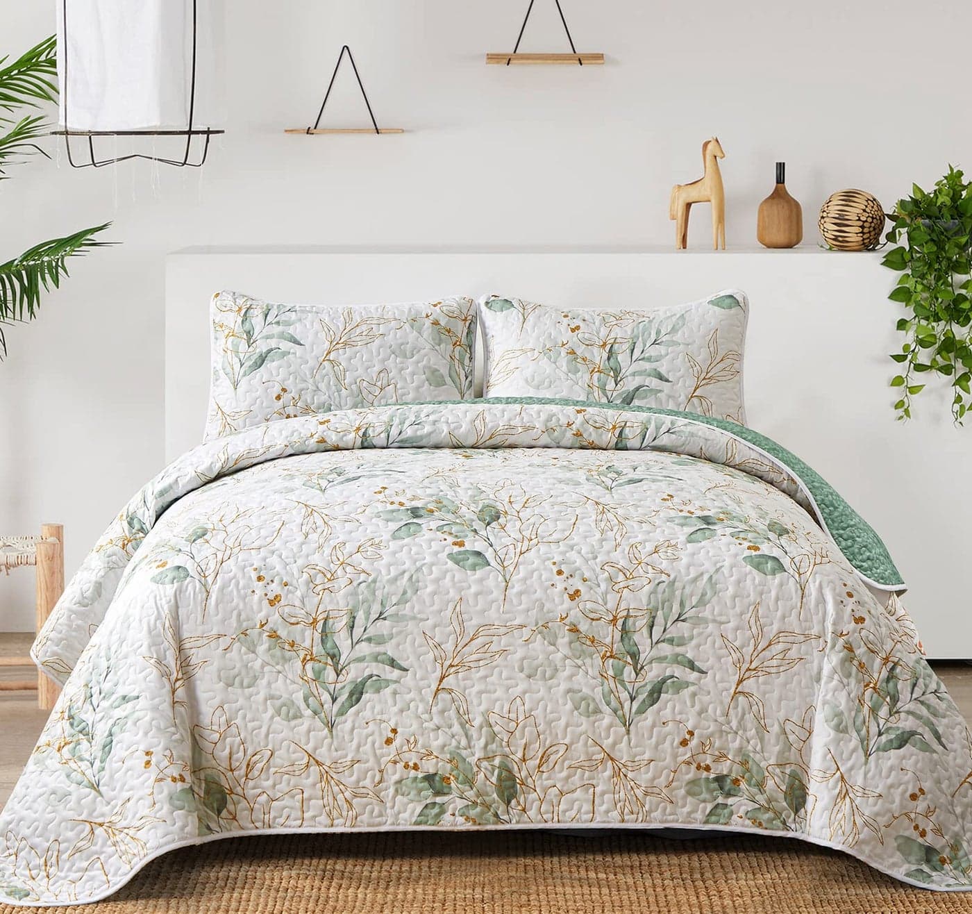 Floral Quilt Queen SizeGreen Botanical Queen Quilt 3 PiecesReversible Soft Bedspread Queen Size for AllSeason96x90