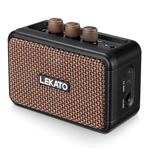 LEKATO Mini Guitar Amplifier, Dual Speakers 5W, Rechargeable Electric Guitar Amp Bluetooth with Clean Overdrive, 6H Working, Headphone Jack, Portable Small Amp for Practice AG-04 (Brown)