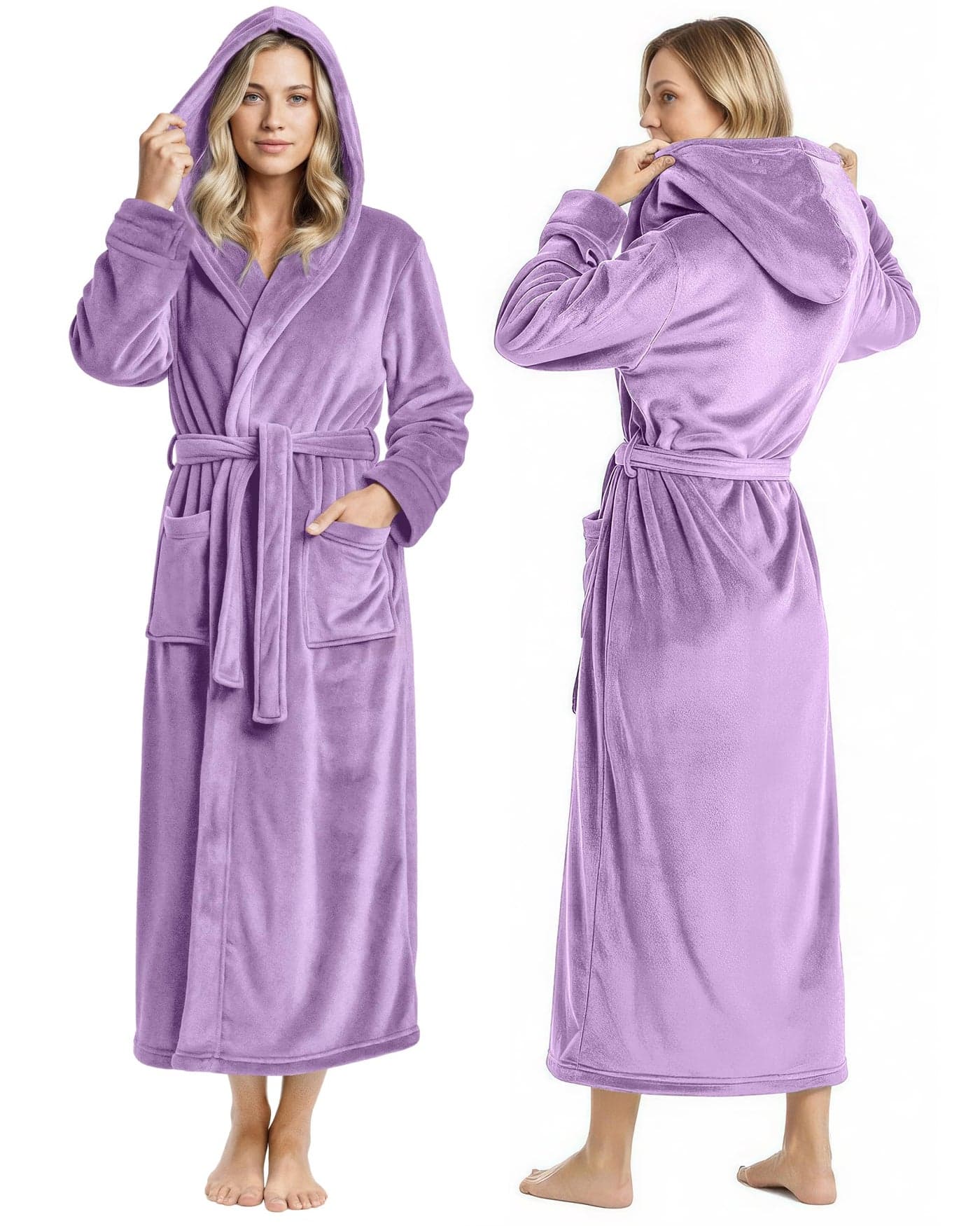 NY Threads Premium Womens Robe with Hood, Plush Fleece Long Bath Robe for Women, Fluffy Soft Women's Bathrobe, Large, Lavender