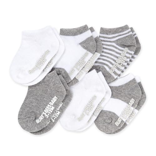 Burt's Bees Baby Baby Socks, 6-Pack Ankle or Crew with Non-Slip Grips, Made with Organic Cotton, Heather Grey Multi, 2-3T