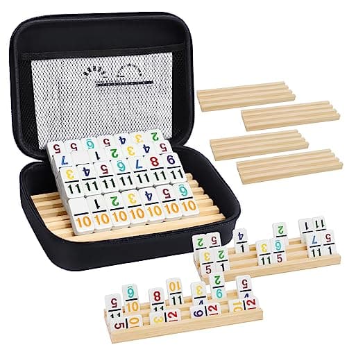 Mexican Train Dominoes Set with Numbers and 8 Wooden TraysRacks Double 12 Dominos Travel Set with 8 Tiles Holders 91 Tiles Double 12 Colored Dominoes Game Set with Portable Case for Families Kids