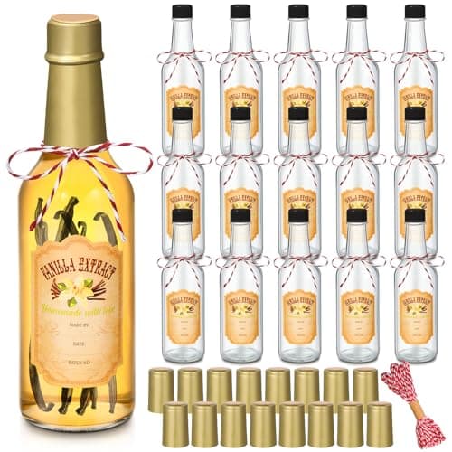 Tioncy 16 Pcs Empty Vanilla Extract Bottles for Homemade Vanilla Jar Glass Bottle with Cap, Shrink Band, Sticker DIY Crafts Wedding Gift Food Storage Canister for Bean(Gold,8.5 oz)