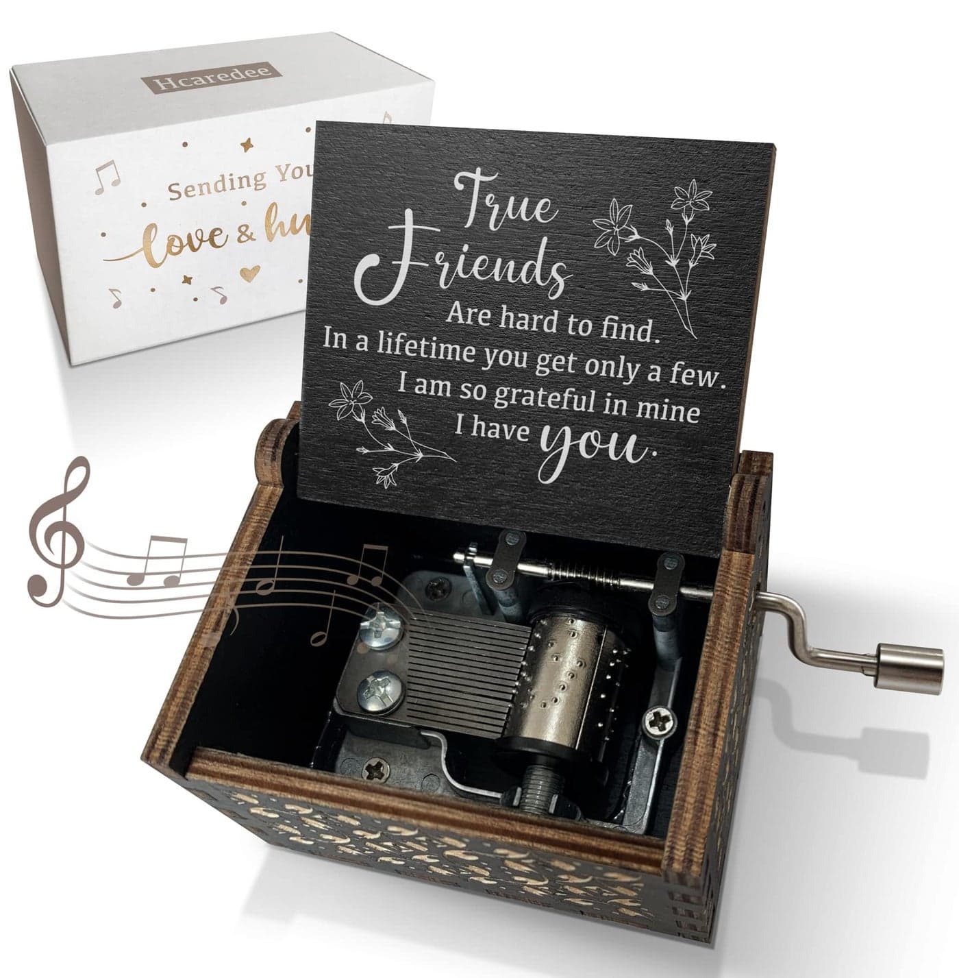 Hcaredee True Friendship Gifts for Women Female You are My Sunshine Wooden Music BoxTrue Friends are Hard to FindI am so Grateful in Mine I Have You Keepsake Box for FriendsBlack