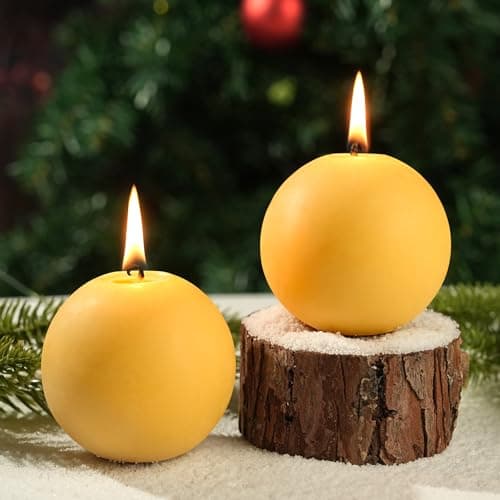 2 Pack Beeswax Round Ball Candles,Hand-Poured Natural Beeswax Candles- 60 H Long Burning Elegant Bees Wax Candles for Home,Paryer,Parties,Unscented Dripless Smokeless Beeswax Candle