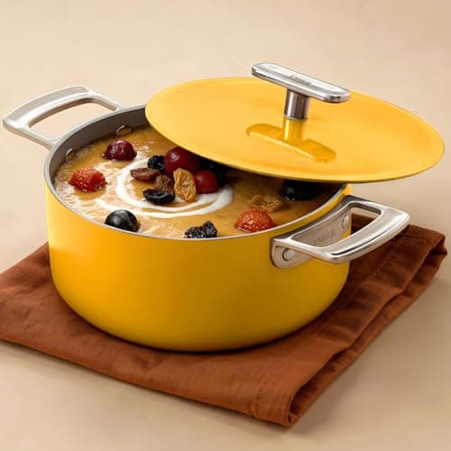 Ember Cookware Arcilla Ceramic Dutch Oven 20cm | Non Stick Induction Cookware | 2.6 Litre Non Toxic Pot with Lid | ISI Certified|Ceramic Cookware|Biryani Pot|Steel Handle| 5-Year Warranty|Benares Gold