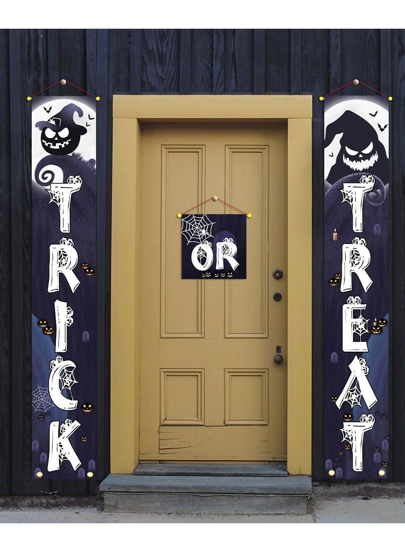 Porch Banner Trick or Treat Porch Signs Hanging Banner Welcome Signs Couplets Porch Flag for Gate Garden Front Door Home Outdoor Yard Party Decor Halloween (A)