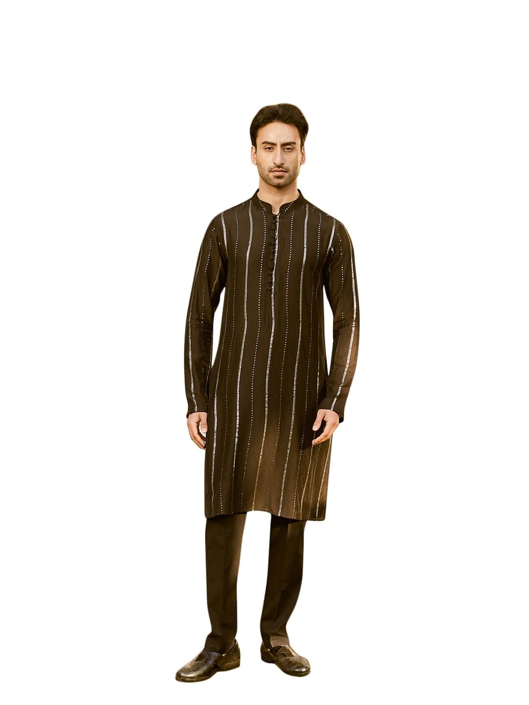 See Designs Men Full Sleeve Black And Gold Chanderi Silk Sequins Mandarin Collar Side Slit Kurta With Pyjama - SD2KT_243502XS