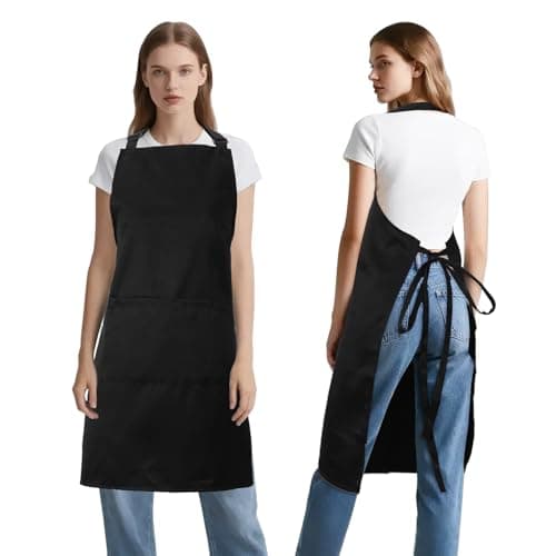 PUBMIND Kitchen Bib Apron for Women Men with Pockets Chef Art Aprons for Cooking Painting Pottery Ceramics (1, Black)