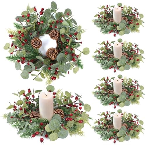 6 PCS Christmas Candle Rings Mini Wreath Pine Garland Artificial Eucalyptus and Snowy Cedar Candle Rings Holder with Red Berries Pine Cones for Table Centerpiece Home Door Window Chair Wall