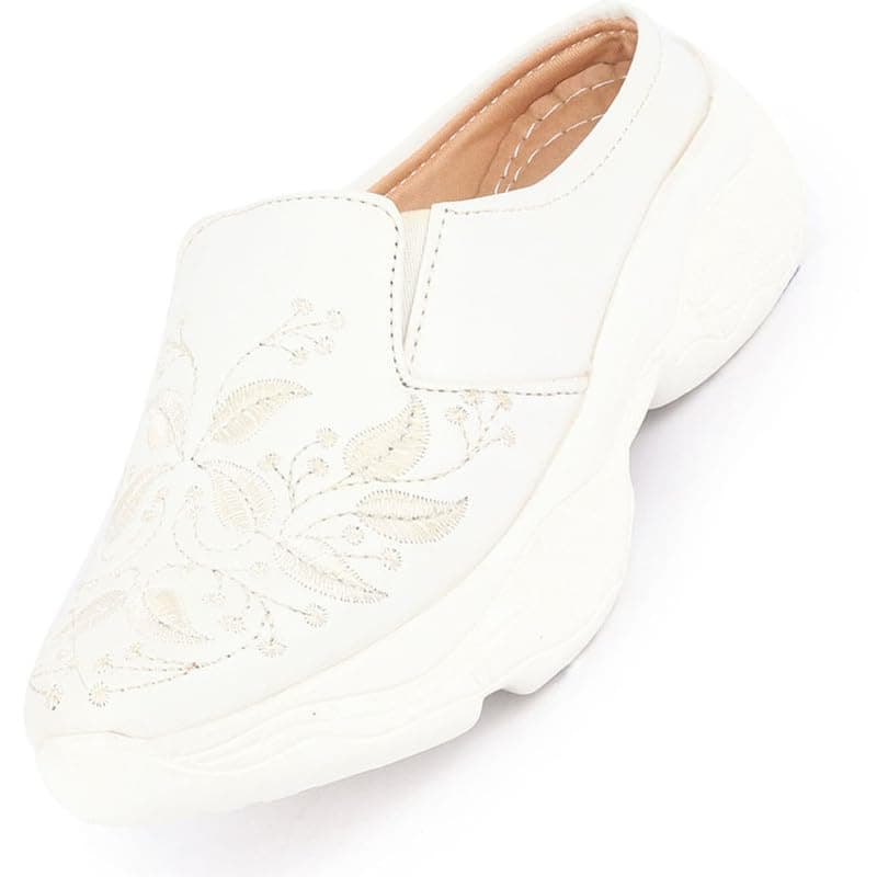 FAUSTO FST 1314 Off WHITE-38 Women's White Leaf Print Embroidery Design Back Open Slip On Mules Shoes (5 UK)