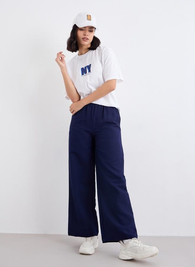 Navy Blue Textured Wide Leg Casual Pants