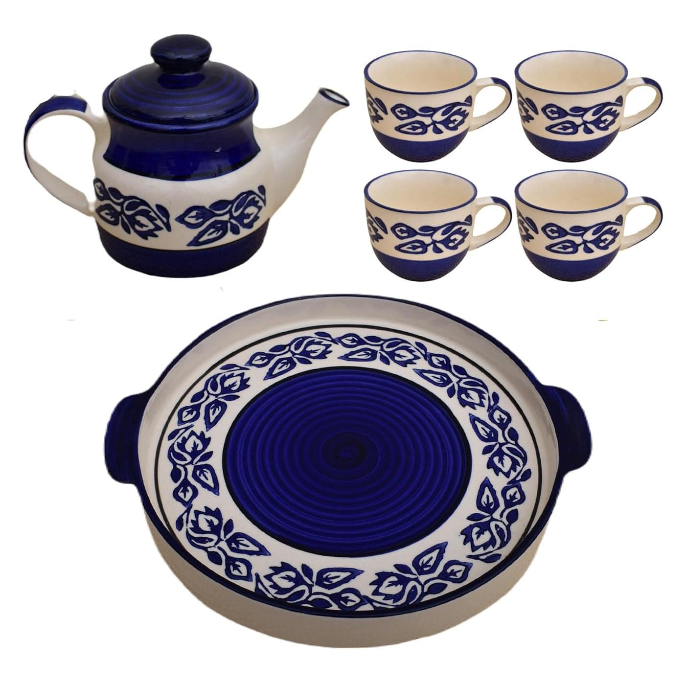 KunhaR Ceramic Morning Set Blue Flower 1 Tray 4 Cups 150 ml and 1 Teapot 650 ml