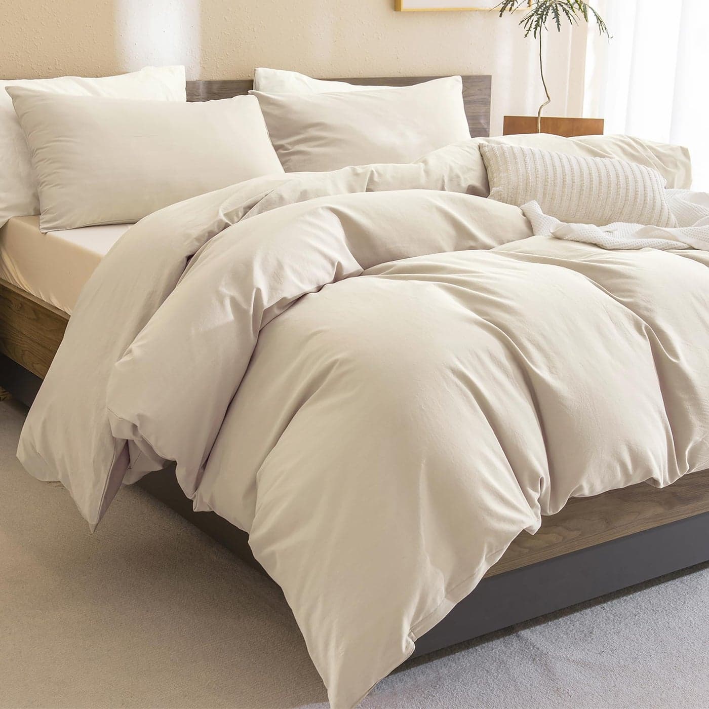 Sanracie Cotton Comforter King SizeSolid Color Bedding Comforter Set Linen Feel Textured 3 Pieces1 Wheat Bed Comforter 2 Pillowcases Soft Lightweight Neutral King Bedding All Season