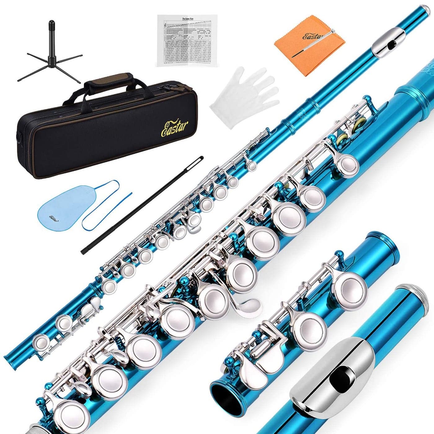 Eastar Closed Hole 16 Keys Flute for Beginner Kids Student with Fingering Chart Cleaning Kit Stand Case Gloves Tuning Rod Sky Blue EFL1SB