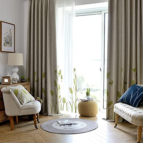 Melodieux Wheat Embroidery Extra Wide Curtain for Living Room Patio Sliding Door, Rustic Floral Patterned Room Darkening Linen Textured Grommet Drape, Green Wheat/Beige, 100" W x 96" L, 1 Panel