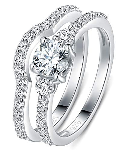 BORUO 925 Sterling Silver Ring, Cubic Zirconia CZ 2pc Wedding Band Stackable Ring Set Size 9