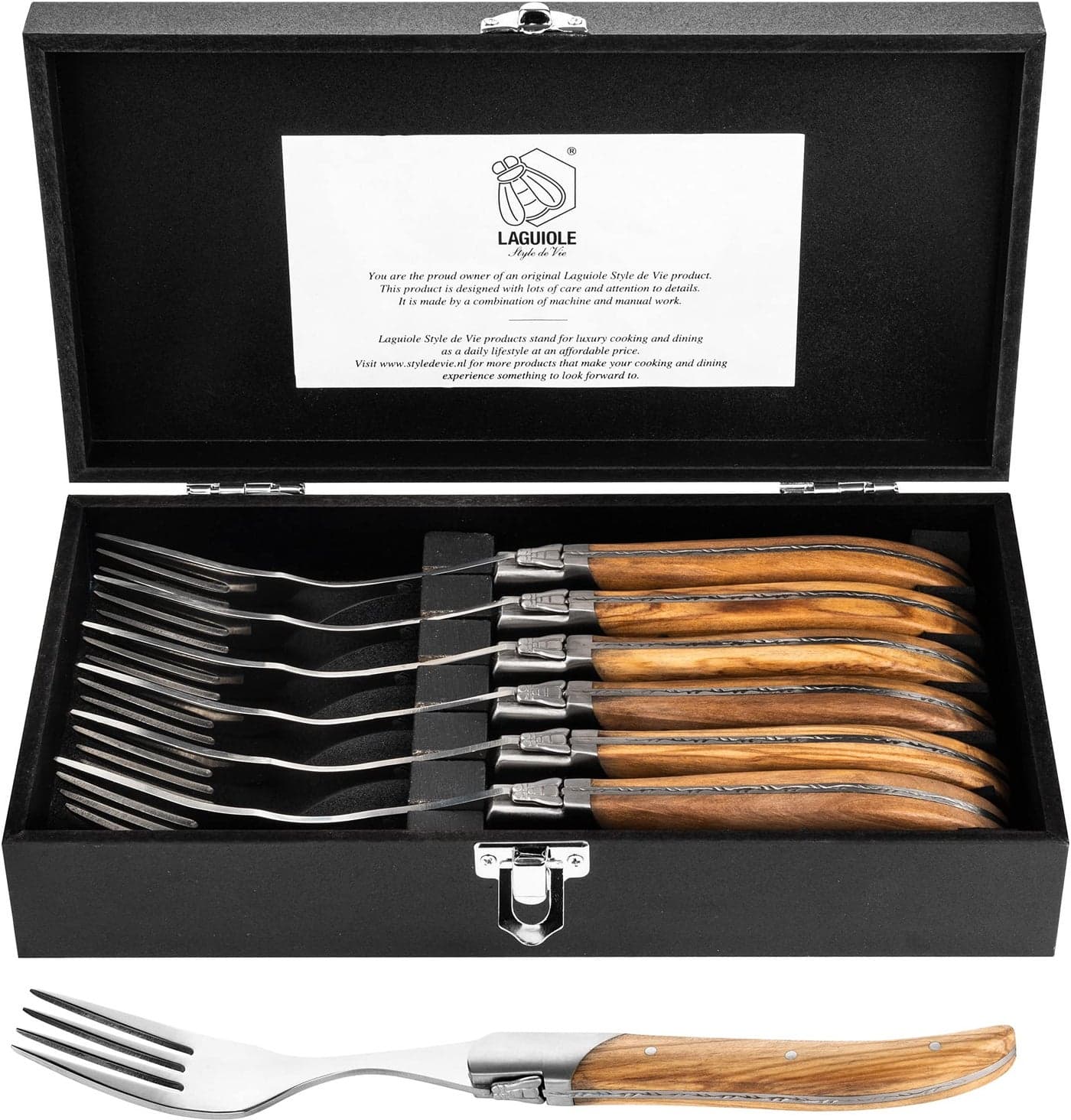 Laguiole Style de Vie Forks, Luxury Line, 6 pieces, Olive Wood, in giftbox