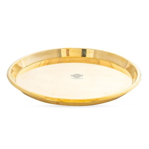 INDIAN ART VILLA Round Brass Handmade Thali Plate With Perfect Space And Raised Borders, Traditional Dinnerware And Tableware, 12 Inches