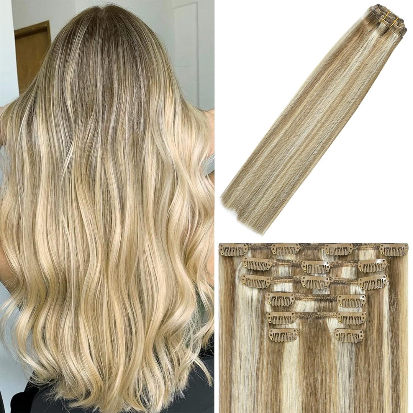 WindTouch Clip in Hair Extensions Remy Hair Mixed Bleach Blonde For Women Balayage 20Inch 70g Hair Extensions for Blonde Clip Ins #18P613 7PCS