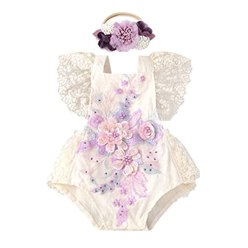 Baby Girl Lace Romper First Birthday Dress Toddler Kid Bohemian Cake Smash Outfit Party Christening Baptism Wedding Clothes Rustic Vintage One-piece Bodysuit Flower Headband Light Purple Flower 18-24M