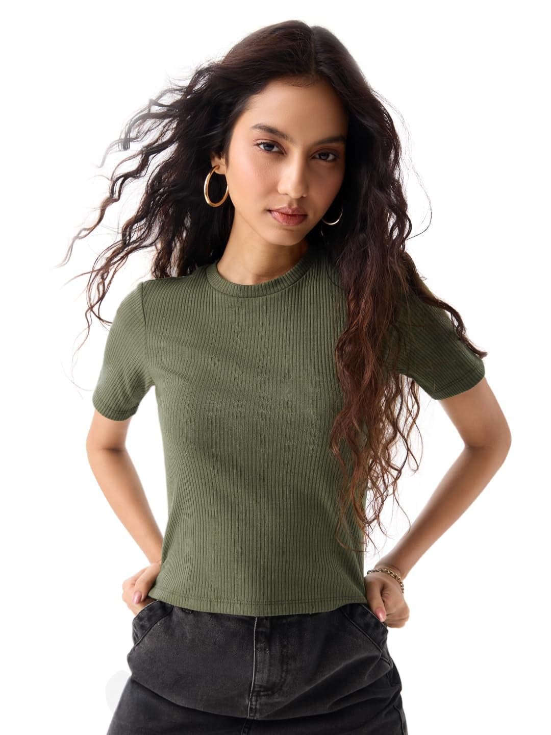 The Souled Store Ribbed T-Shirt: Olive Women and Girls Short Sleeves Round Neck Polyester Blend Regular Fit T-Shirts