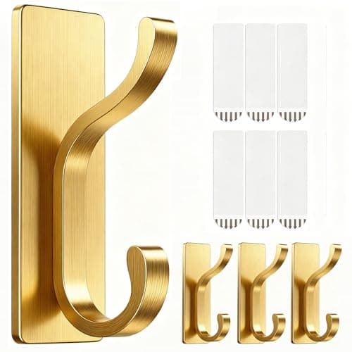 pickpiff Wall Hooks with Adhesive Strip- Easy to Remove, No Residue, Strong Heavy Duty Sticky Towel Hook, 4 Pack Brushed Gold