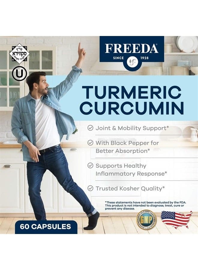 Freeda Turmeric Curcumin with Black Pepper - Kosher Vegan Gluten Free Tumeric Curcumin Supplement - Turmeric Capsules Inflammation Support Supplement - 60 Veggie Curcuma Turmeric Curcumin Capsules