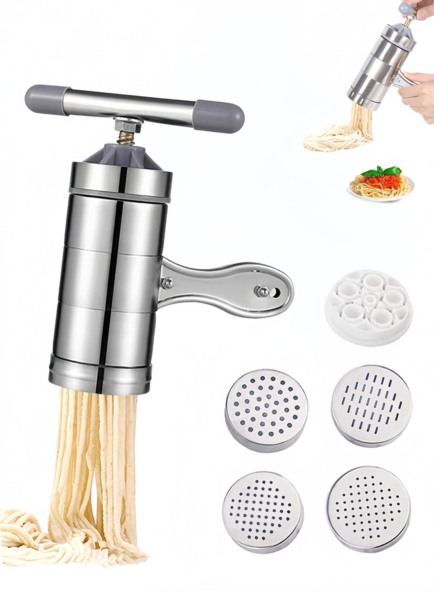 Stainless Steel Manual Noodles Maker, Portable Pasta Maker Noodle Making Press Machine Spaghetti Making Tools with 5 Noodle Mould
