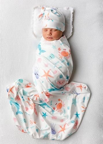Bellasignoro Newborn Swaddle Sets with Headband Beanie and a Name Card Baby Snug Wrap Receiving Blanket for Baby Boys Girls Blue and Pink Fish