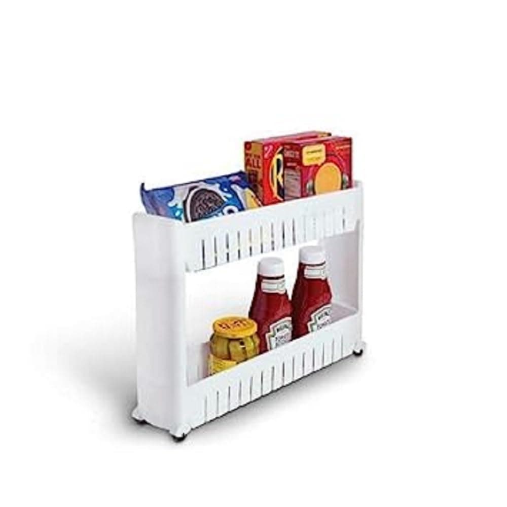Attro Slim Rack 2 Layer Rack Made with Heavy Plastic Material Lightweight Foldable and Portable Simple Assembly Comes with Movable Wheels Perfect for Kitchens Storage OrganizerHomesOfficesWhite