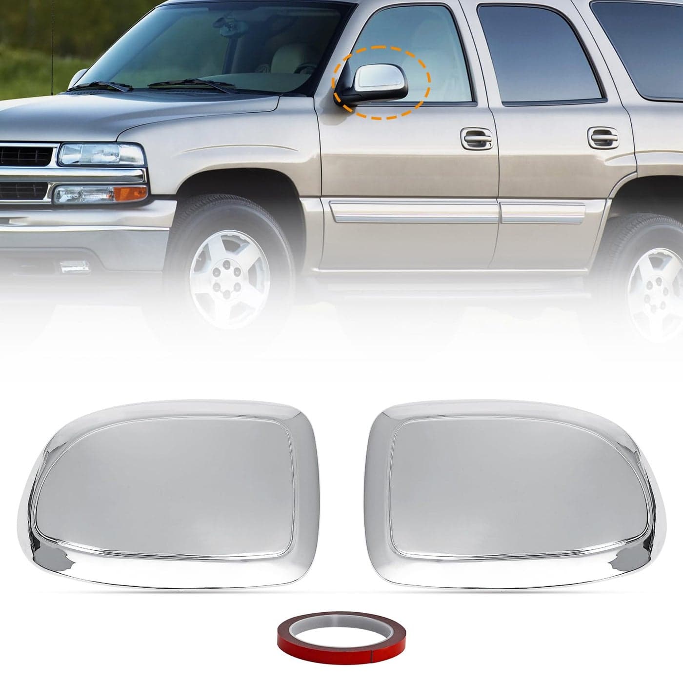 AMSPRAC Chromed Door Side Mirror Half CapsRearview Mirror CoversExterior Back Sight Half Mirror Caps fit for Chevy Silverado GMC Sierra 1500 2500 3500 19992006wAdhesive Overlay Style2PCS