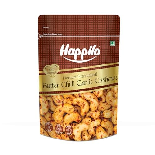 Happilo Premium International Butter Chilli Garlic Cashew 160g | Essential Nutrients like Protein | Fiber | Healthy Fats | Perfect for Spice lovers remium Spicy Roasted Masala Cashew Nuts/Kaju Dry Fruit | Protein & Fiber Rich Chili Cashews| Crunchy Snack | No Artificial Colors, Flavors, Preservative