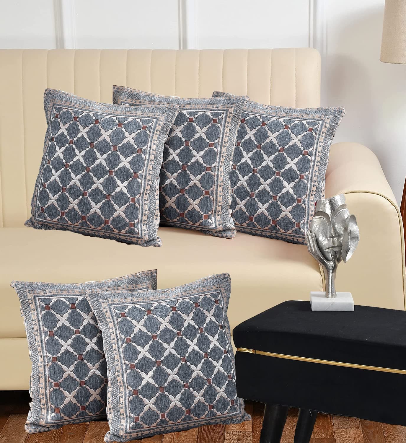 DECOMIZER Jacquard Geomteric Cushion Covers 16 Inch X 16 Inch Set Of 5 Ethnic Motifs Cushion Covers,Design- Criss-Cross,Color- Grey, 240 TC