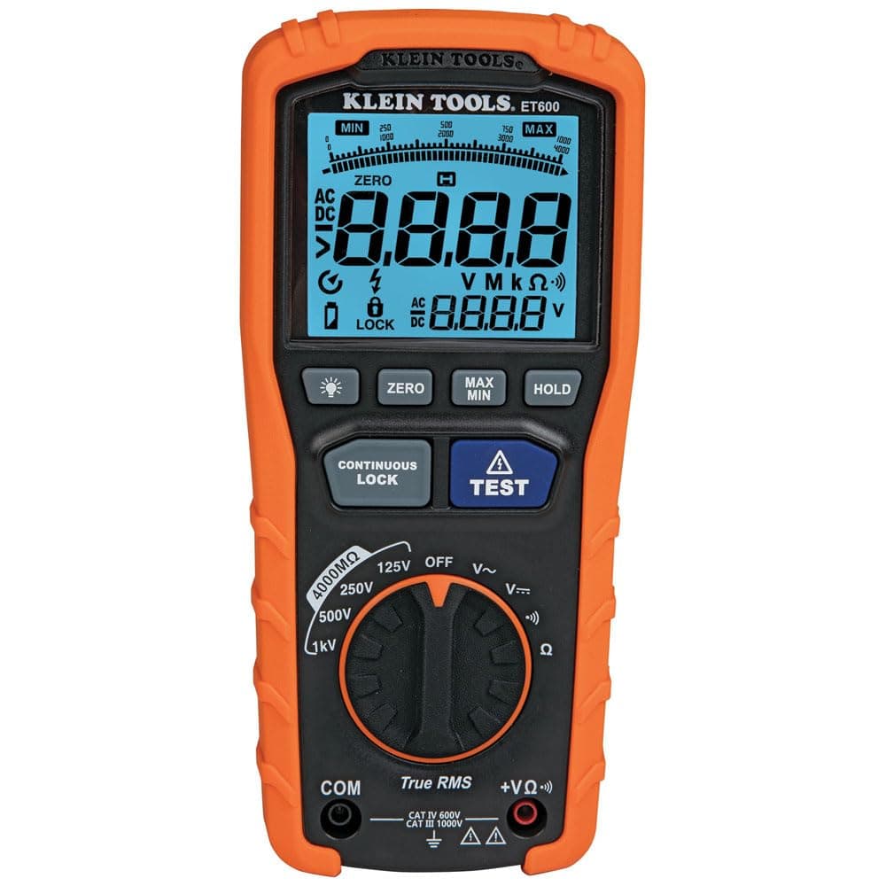 Klein Tools ET600 Multimeter Megohmmeter Insulation Tester 4000 Ohms Resistance 125V250V500V1000V AutoRanging TRMS Multimeter