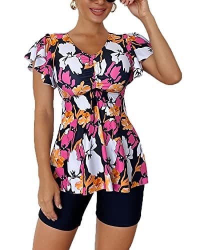 Fanuerg Women's Tankini Swimsuits Ruffled Flowy Tankini Tops with Boy Shorts Swimwear Tummy Control Two Piece Bathing Suits Orange Floral Print S