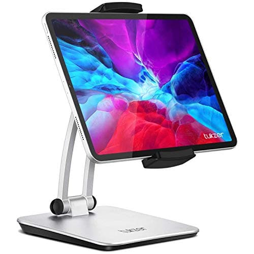 Tukzer Foldable Professional Tablet & Mobile Stand Holder with 360° Swivel & Height/Angle Adjustment| Sturdy & Heavy Metal Base, Solid Structure Cable Clips| for Up to 12 Inch Screen Devices (Grey)