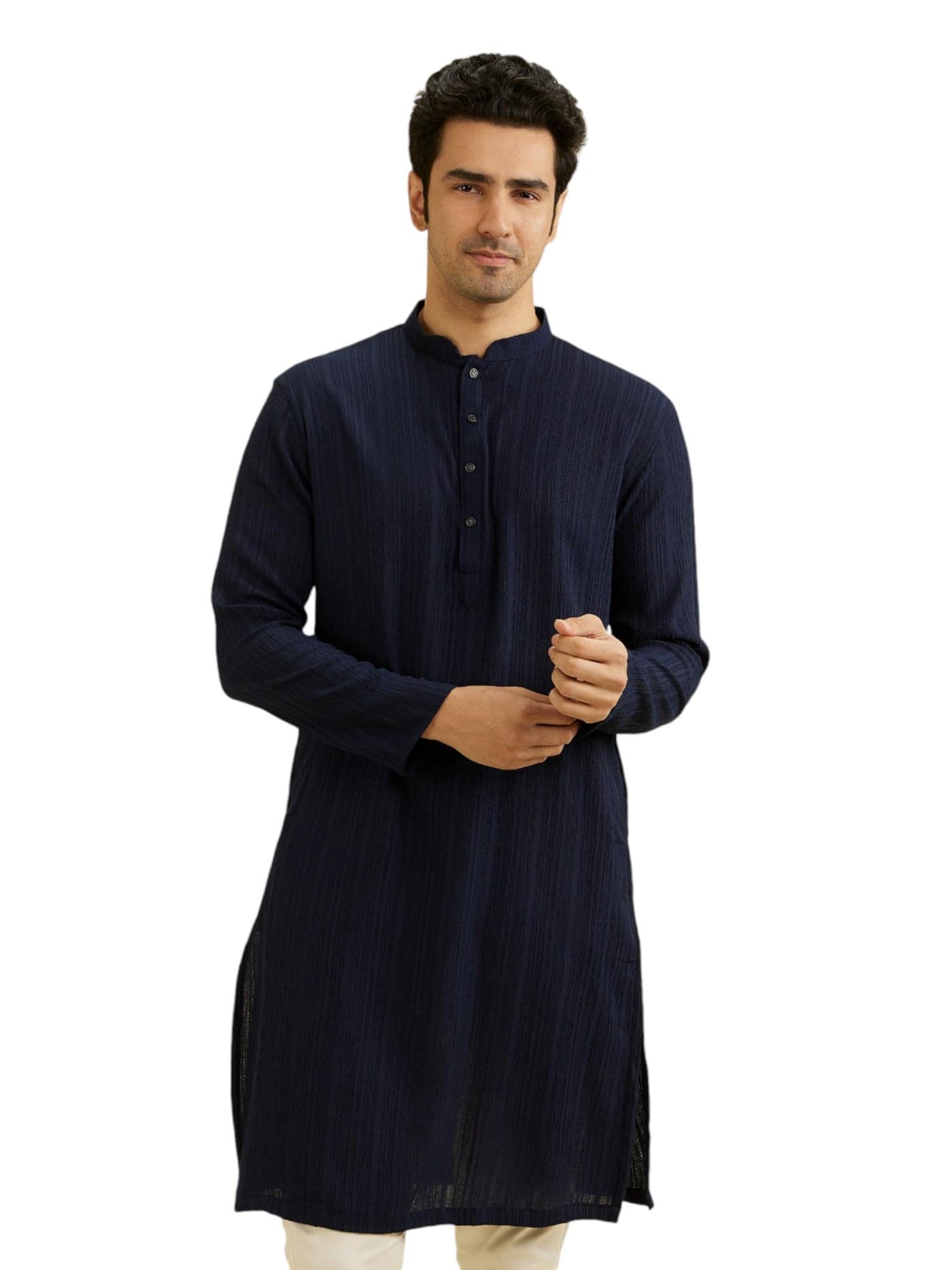 Manyavar Men's Spandex Self Design Kurta (Blue,XL)