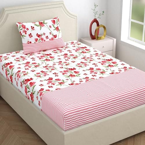 Home Ecstasy 100% Cotton Single Bedsheet with 1 Pillow Cover - (Size 59 x 87 inches, 140 TC, Colour - Pink: Rosy Charm)