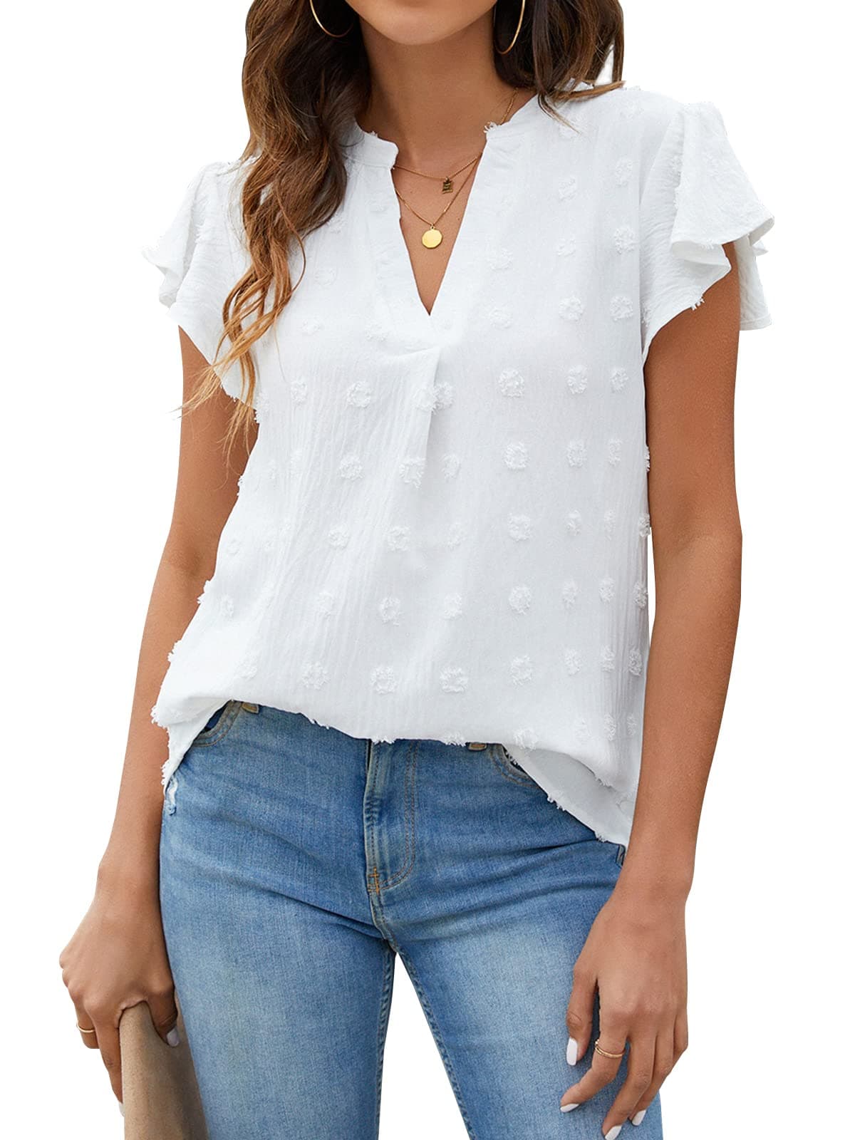 Blooming Jelly Womens White Blouse V Neck Ruffle Sleeve Flowy Shirts Dressy Casual Cute Summer Tops(X-Small, White)