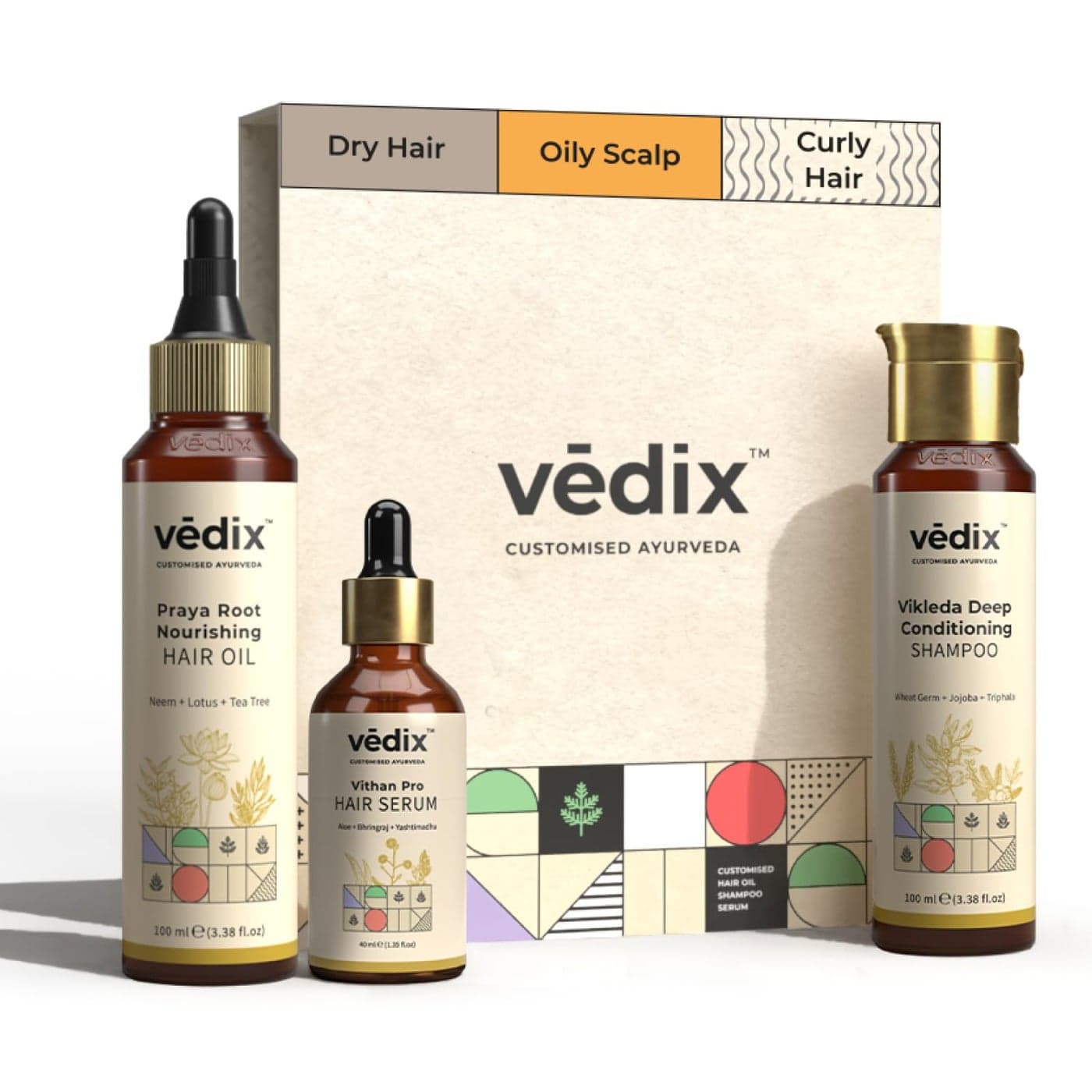 Vedix Customized Hair Fall Control Regimen for Dry Hair Oily Scalp Curly Hair 3 Product Ayurvedic Kit Anti Hair Fall Oil Neem Lotus AntiHairfall Shampoo For Dry Hair Vithan Pro Hair Growth Serum