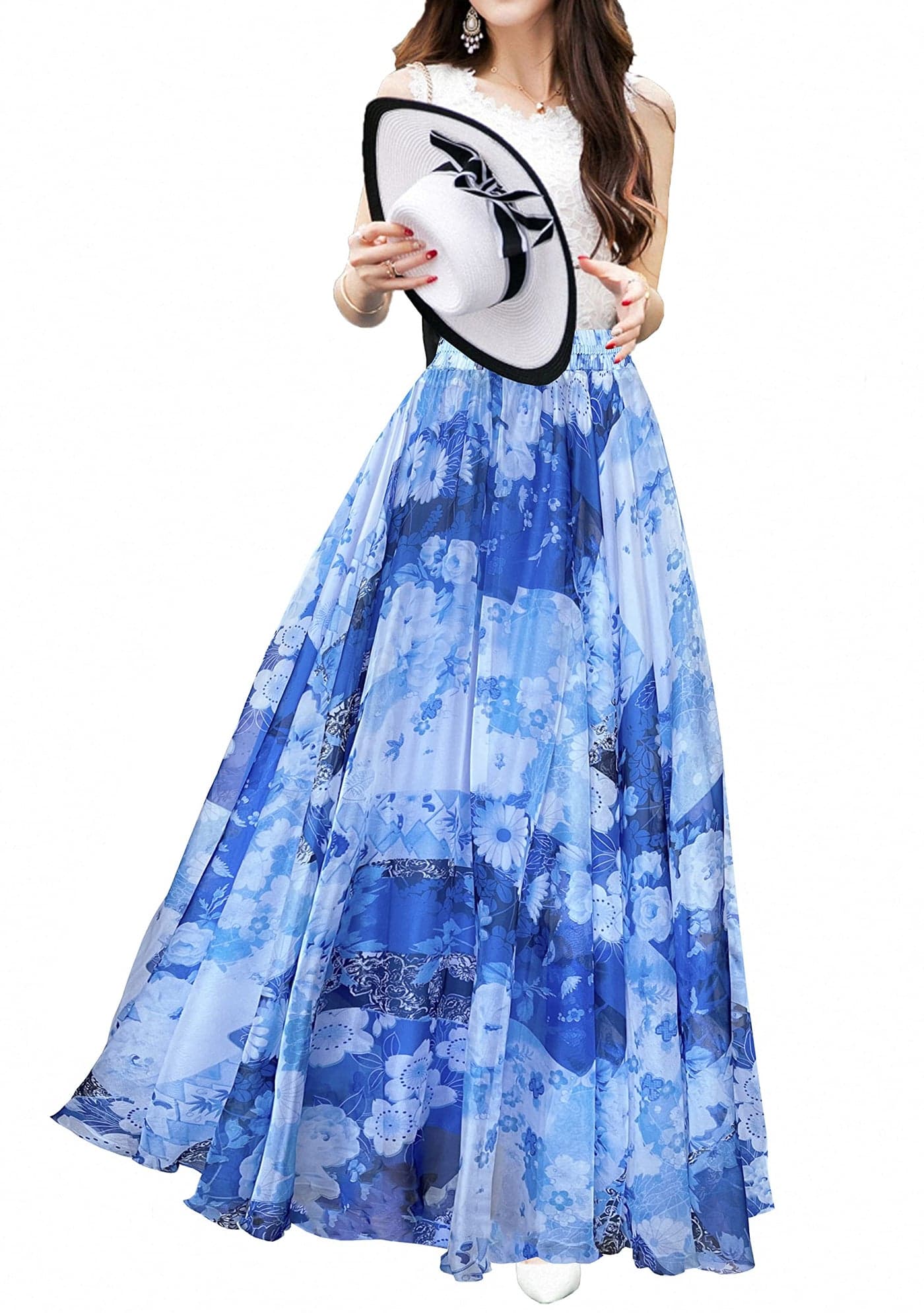 Afibi Womens Blending Chiffon Retro Long Maxi Skirt Vintage Dress (Small, Pattern 7)