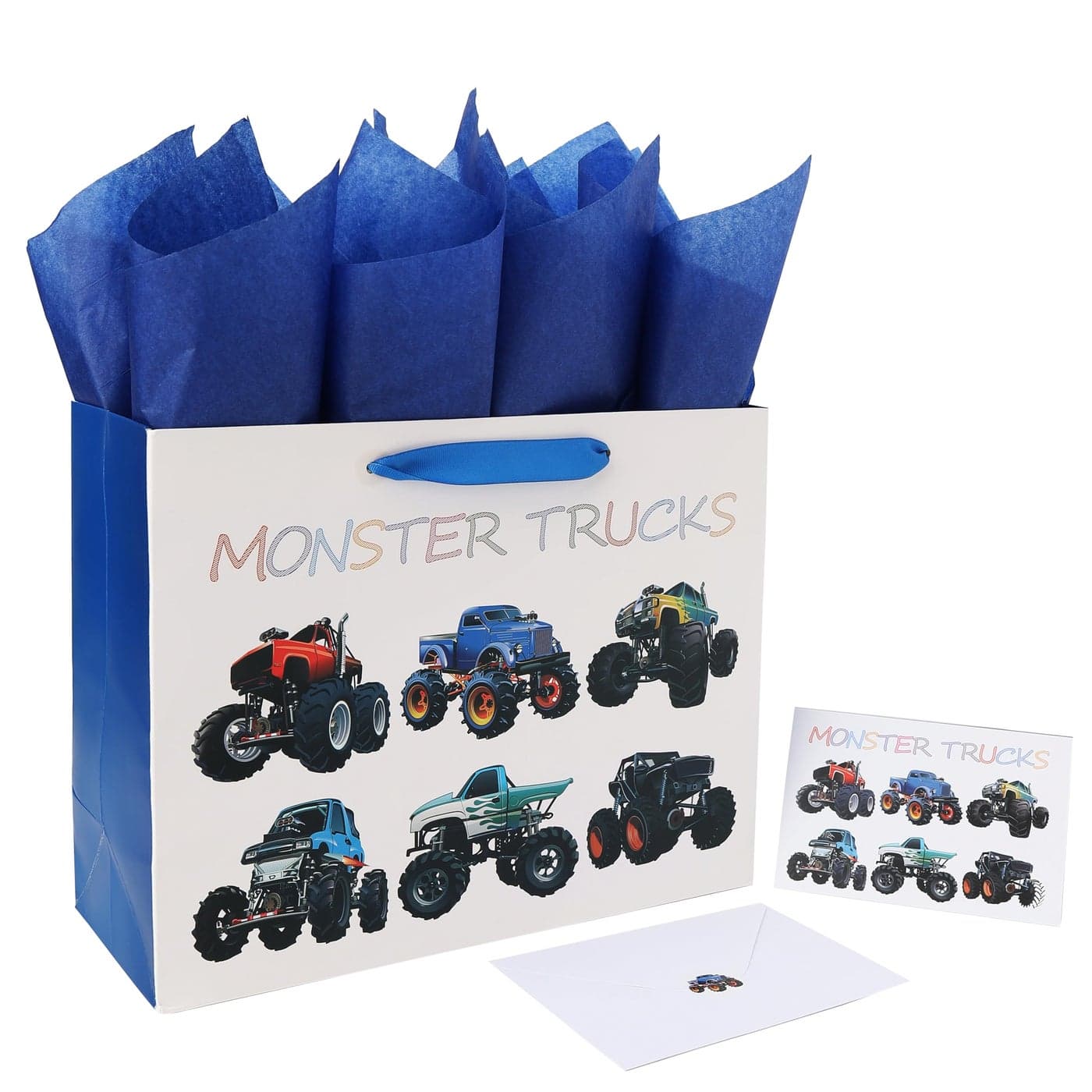 13 Large Birthday Gift Bags Set with Greeting Card and Tissue Paper Monster Trucks Design for boys Kids Baby boyBaby ShowerNewbornNew Moms or Parents 13x52x102 1 Pcs