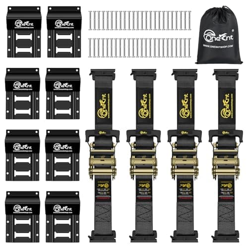 Onesnt 4Pcs E-Track Ratchet Straps with Wheel Chock Kit|2” x10 ft e Track Ratchet tie Down Straps for 4800 lbs Break Strength Heavy Duty etrack Cargo Strap System Tie Down|E Track Spring Fitting