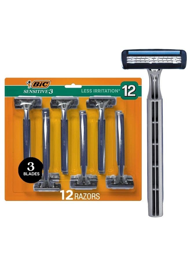 Sensitive 3 Disposable Razors for Men With 3 Blades for Sensitive Skin, 12 Count Value Pack of Shaving Razors