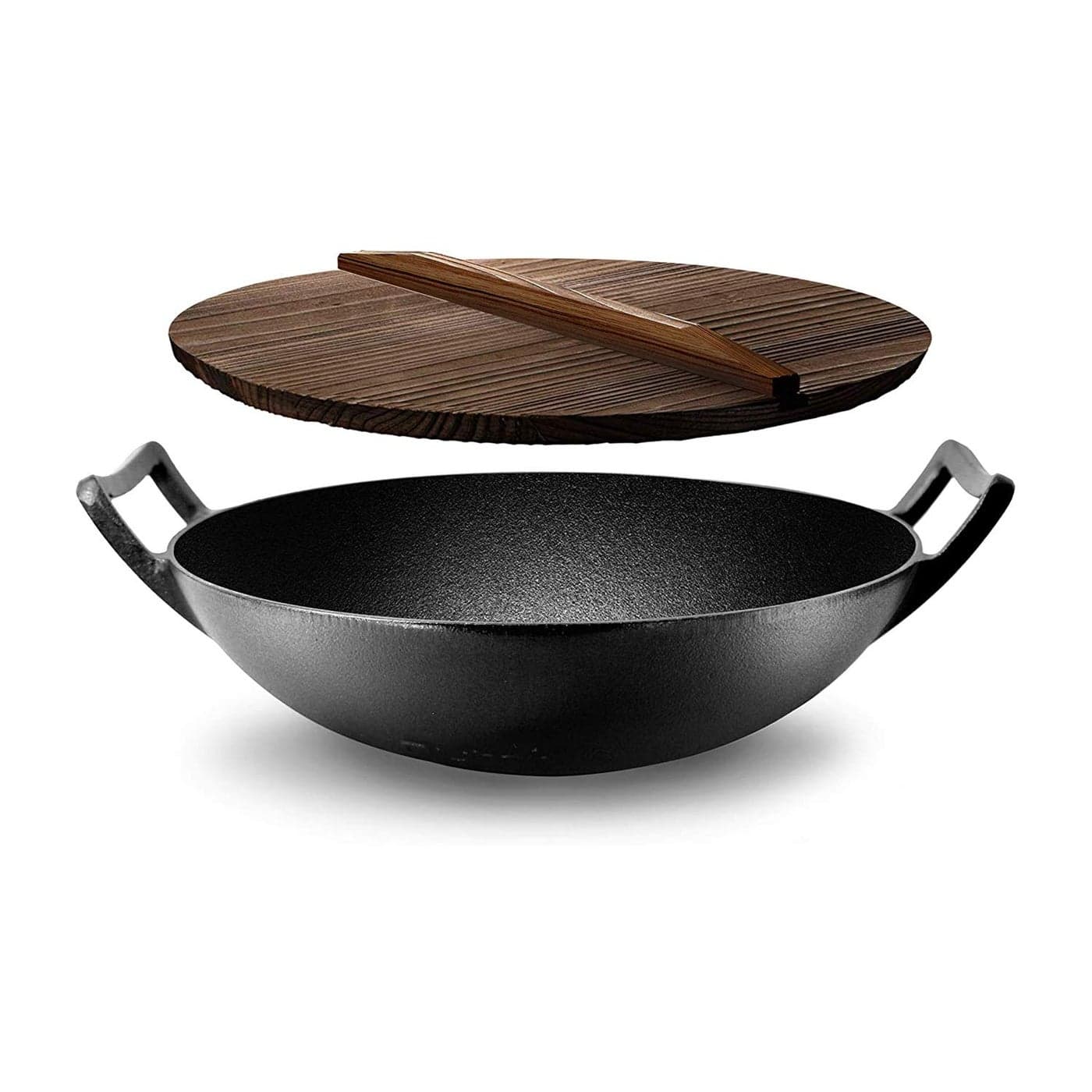 NutriChef Cast Iron Wok with Wooden Lid PreSeasoned Chinese Wok for StirFry Compatible with Multiple Cooktops Including Induction Large 58 Qt Capacity 12 Diameter