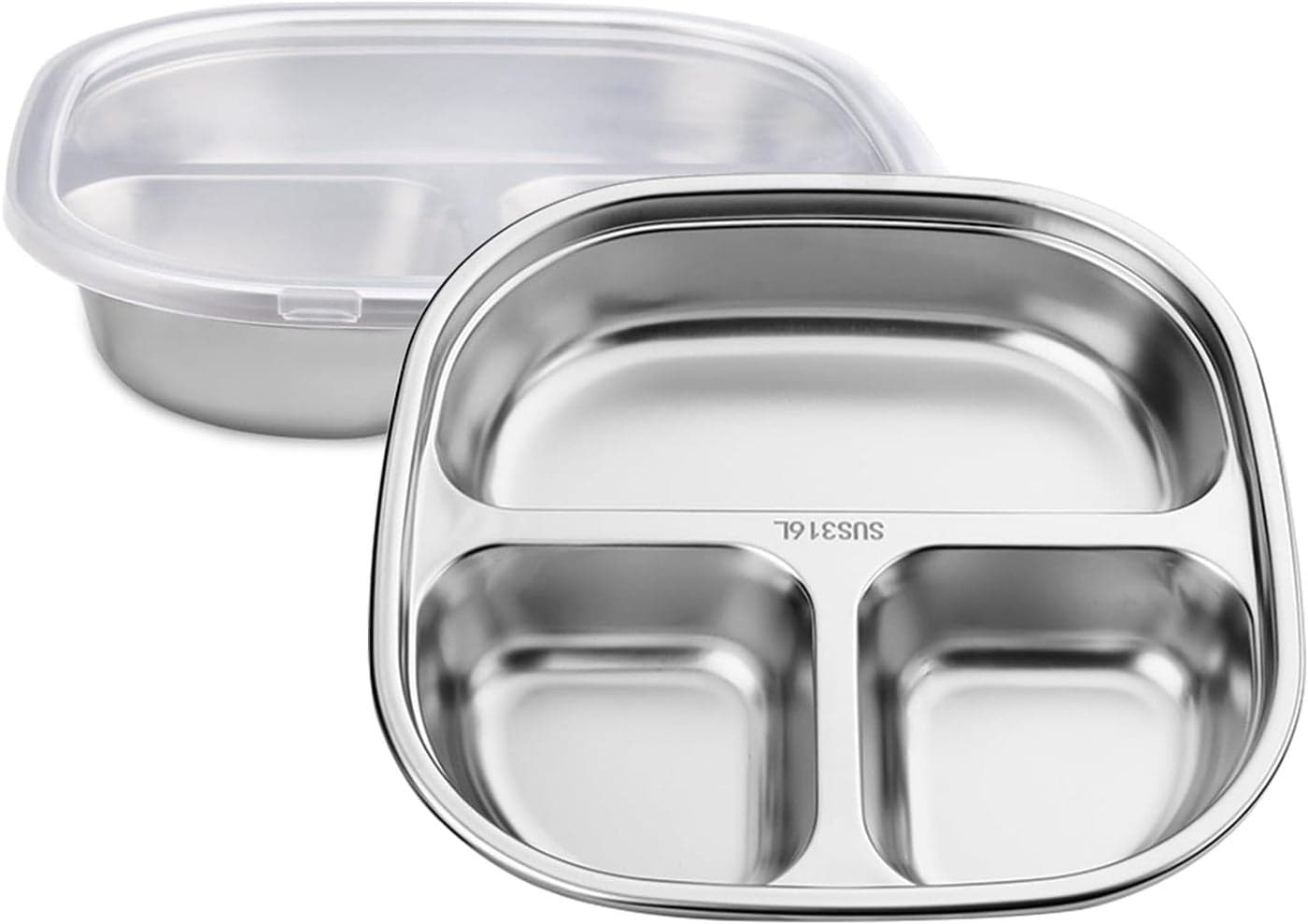 2 PCS 316 Stainless Steel 3 Compartments Plates with Lids Metal Divided Plates Tray Sectioned Plates Dishes Dinnerware Set for Food Portion Control Lunch Dinner Adult Home School 2