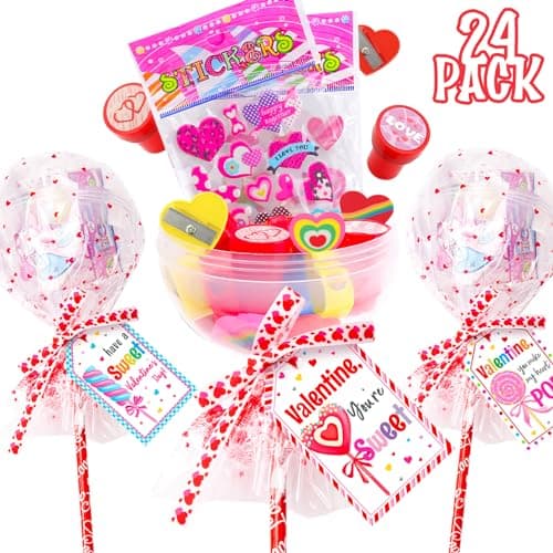 Valentines Day Gifts for Kids 24 Pack Giant LollipopShaped Stationery Set with Valentines Cards Pencils Stickers Erasers Stampers Sharpener for Classroom Exchange School Boys Girls Party Favors